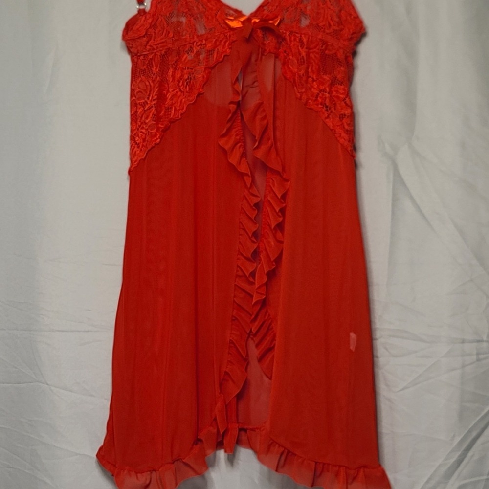 Red Lace Babydoll Chemise Lingerie Sheer Ruffle Slip Dress Women's Size M‎